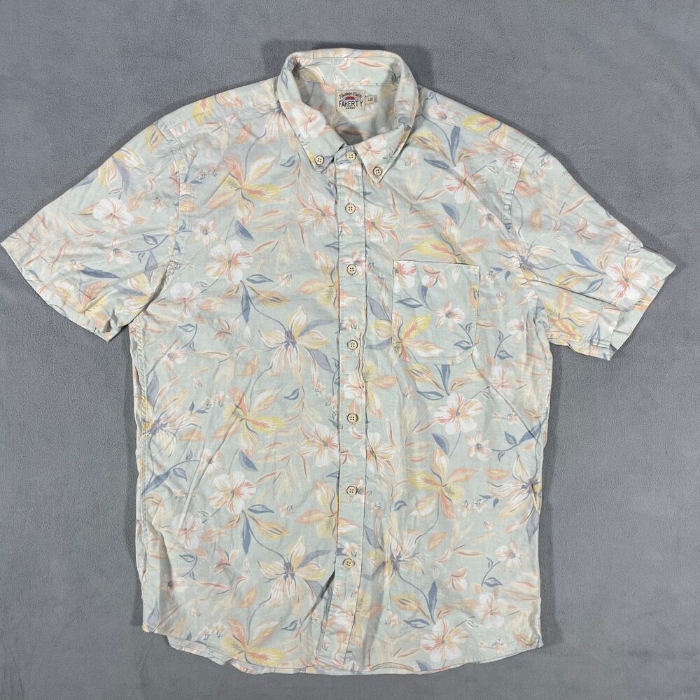 Faherty Short Sleeve Breeze Shirt Mens Large Sky Coast Floral Button Hawaiian